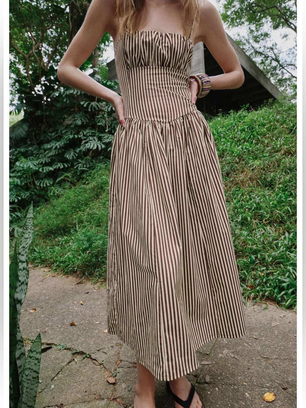 Zara Striped Combination Poplin Midi Dress Brown Cream Stripes